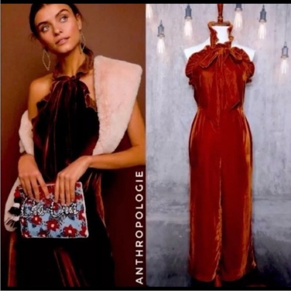 ANTHROPOLOGIE KRISTINIT VELVET halter JUMPSUIT NWT brown burnt orange color S